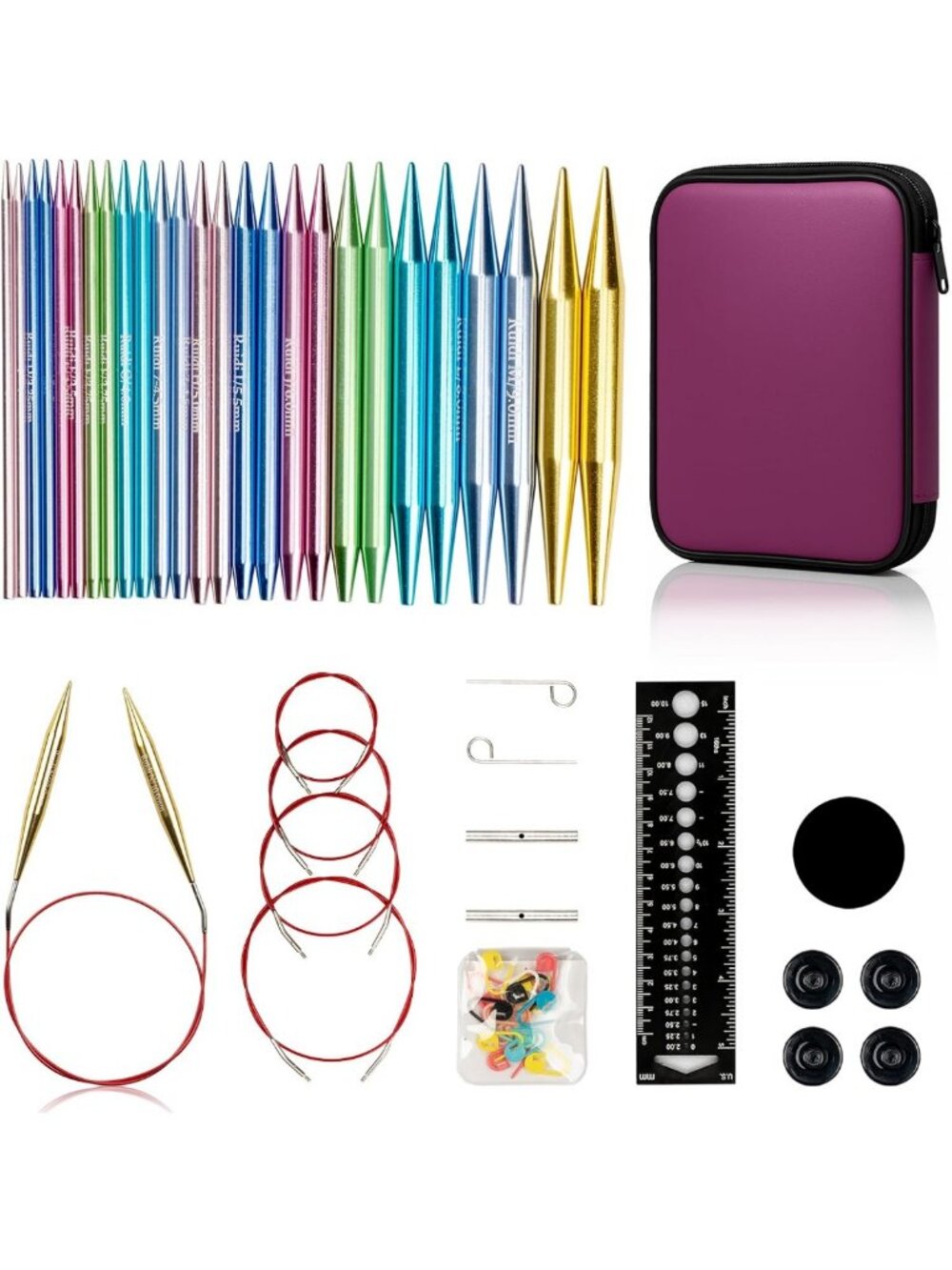 Interchangeable Aluminum Circular Knitting Needles Set - 10 Sizes, Smooth Tips